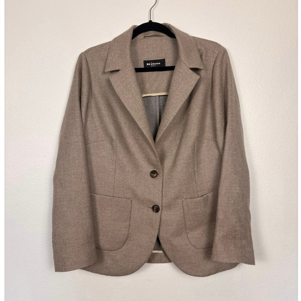 Kiton Napoli 100% Cashmere Herringbone Blazer Jacket Beige Like New IT 52 US 8 - Picture 2 of 7